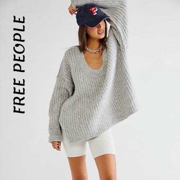 Free People NWT Blue Bell V-Neck Oversized Sweater ~ Gray ~ L - Picture 1 of 16